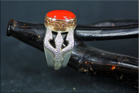 RED CORAL with silver & gold "Trishula of Shiva" ring