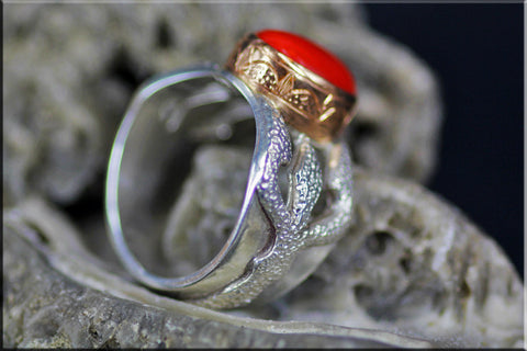 RED CORAL with silver & gold "Trishula of Shiva" ring