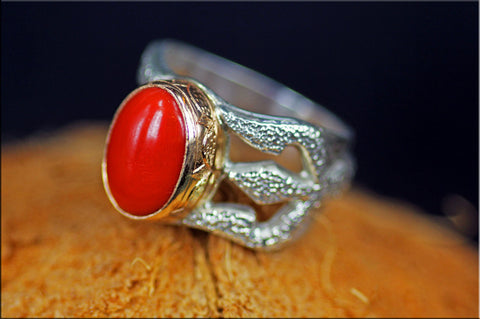 RED CORAL with silver & gold "Trishula of Shiva" ring