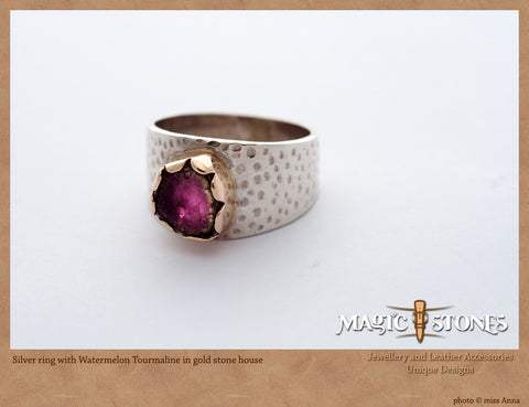 WATERMELON TOURMALINE  silver & gold hammered ring