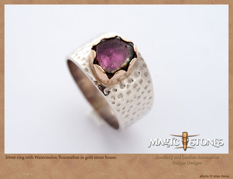 WATERMELON TOURMALINE  silver & gold hammered ring