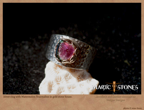 WATERMELON TOURMALINE  silver & gold hammered ring